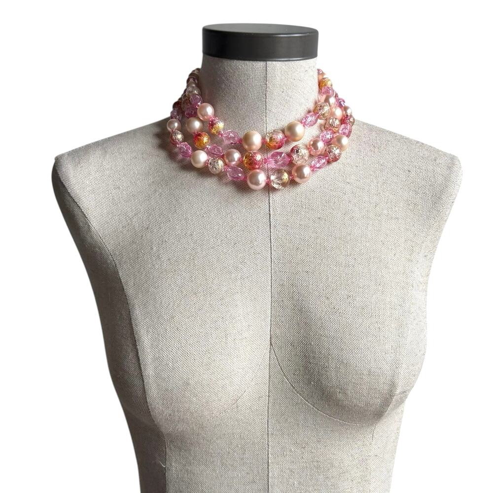 Vintage Coro Pink Faux Pearl Crackle Glass Multi Strand Collar Necklace - Picture 3 of 8